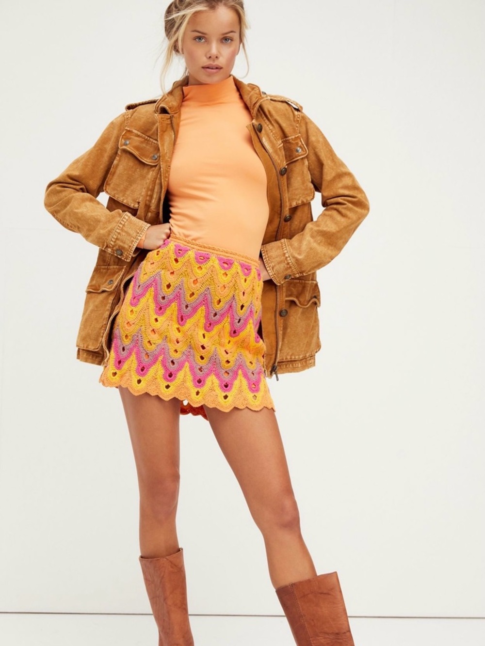 Free People Heat of the Moment Crochet Mini Skirt in Orange, Pink, Yellow Brown
